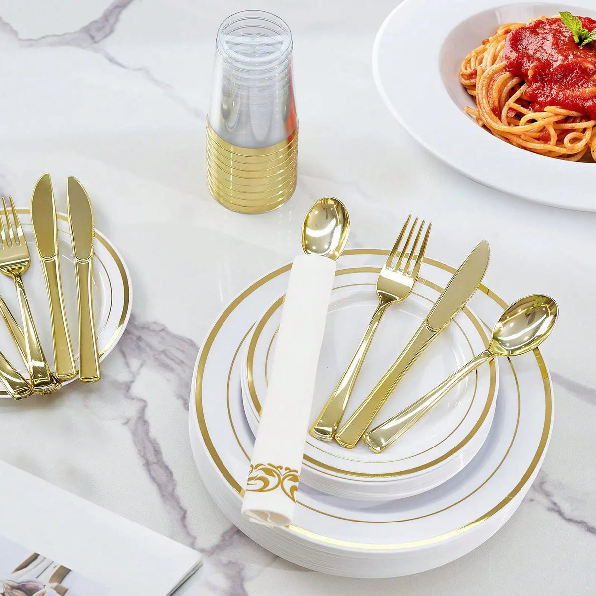Disposable Dinnerware Set Elegant Luxury White Gold Rim Plastic Plates Gold Cutlery Cups Napkins 350 Pcs Serves 50 Guests Heavy Duty Party Tableware Set For Wedding Birthday Party Catering Showe