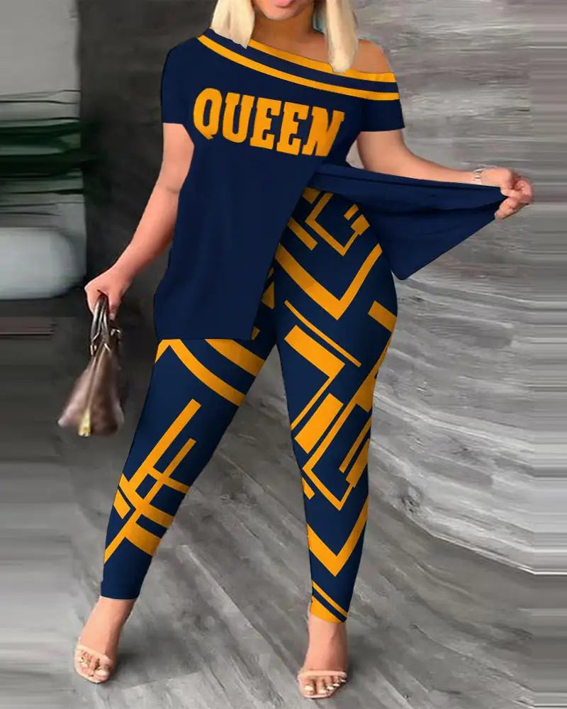 Womens Two Peice Sets Summer Fashion Print Short Sleeve Suit Set Femme Casual Sporty 2Pce One-Shoulder Split Hem Tops &Pants Set