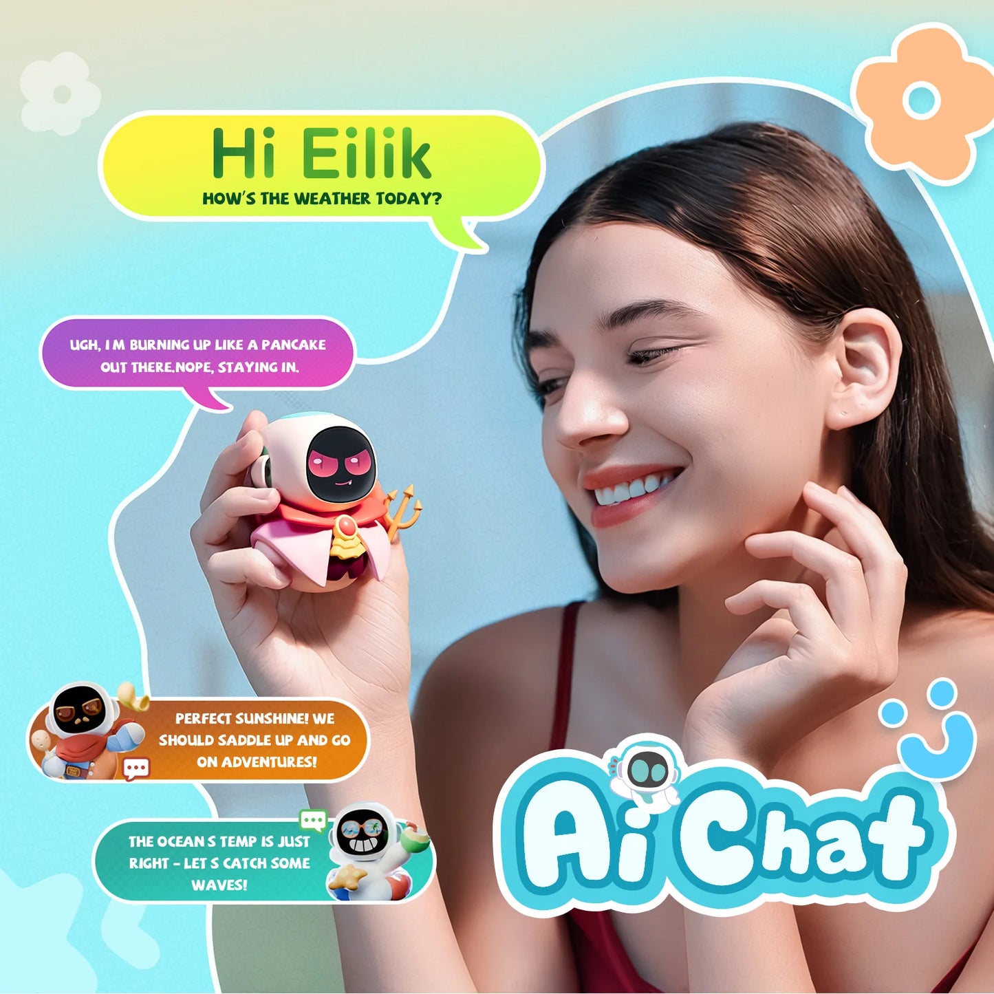 Eiliko Aquamarine – Tiny AI Charm Robot with Voice Chat, Emotional Responses, Themed Body Swap, Outfit-Matching, Perfect Companion for Couples, Best Friends & Kids