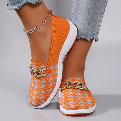 Orange Checkered Slip-On Flats | Low Flat Shoes | Women's Casual Everyday Wear