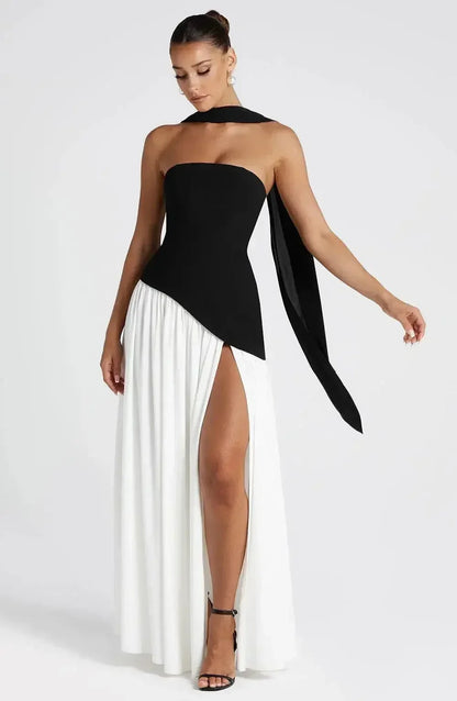 Solid Spliced Ribbon Maxi Dress Women Elegant Strapless Sleeveless Slit Long Dresses 2025 New Summer Holiday Party Lady Vestidos