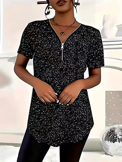 plus size women's summer new short sleeved casual polka dot top V-neck zipper curved hem T-shirt daily essential