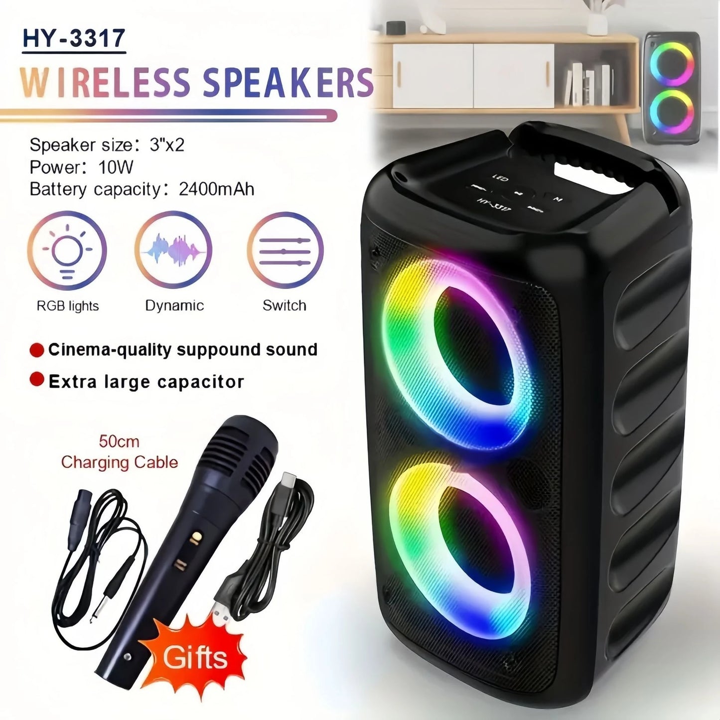Portable Bluetooth Karaoke Speaker 10W Dual Speaker RGB 6 Lighting Effects TWS Stereo 2400mAh Battery With Wired Microphone Phone Holder