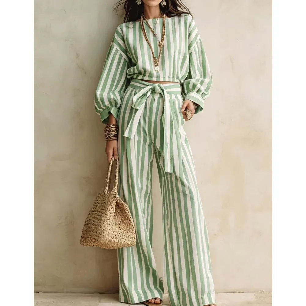 Women New Striped Long-sleeved Shirts Trousers 2piece Set Fashion Casual Ultra-short Top Waisted Lace-up Loose Wide-leg Long Set