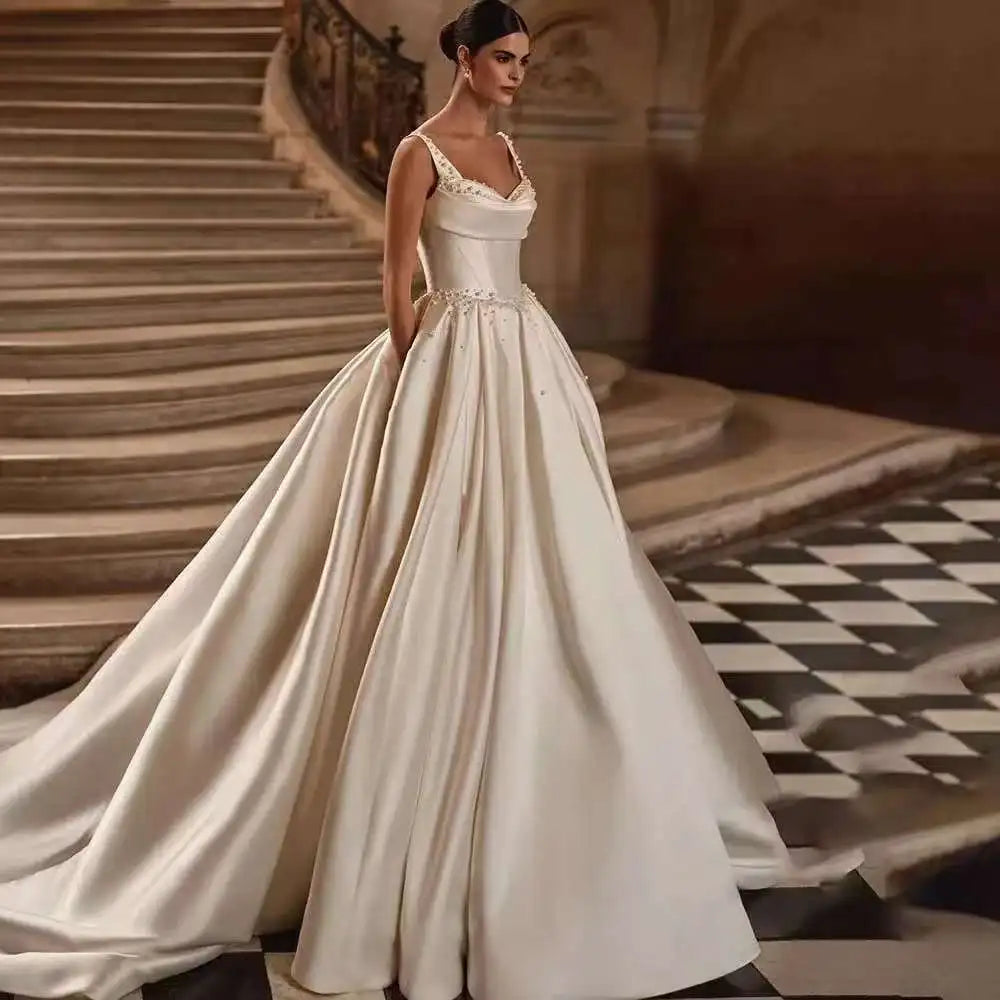 Pearls A-Line Wedding Dresses Straps Sweetheart Long Train Bridal Gowns Lace Up Back Customized 2025