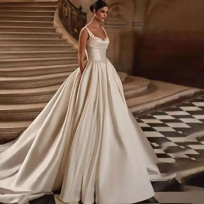 Pearls A-Line Wedding Dresses Straps Sweetheart Long Train Bridal Gowns Lace Up Back Customized 2025