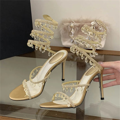 Eilyken Sexy Design Pendant Crystal Diamond Thin High Heels Women Sandals Street Style Ankle Strap Banquet Prom Shoes