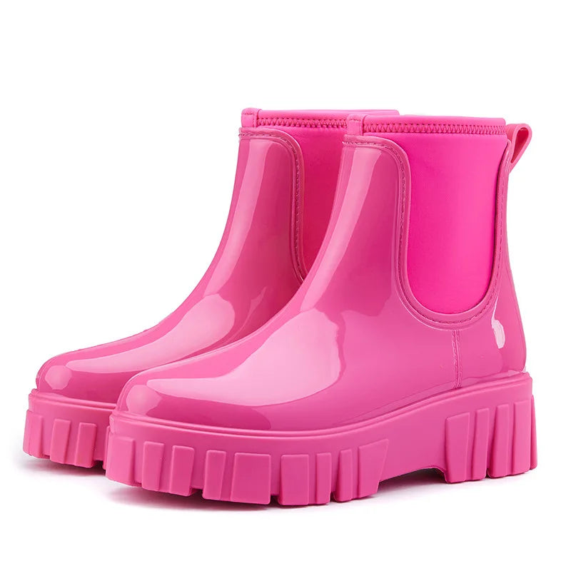 PVC Fashion Rain Boots Shoes For Women Solid Anti-slip Wear-resistant Thick Soled Shoes Low Cut High Top Round Toe Waterproof Water Shoes
