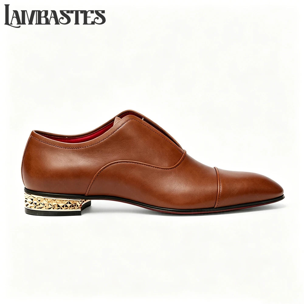 Gold Geometric Heel Patent Leather Mens Loafers Polished Glossy Upper Red Lining Formal Dress Shoes Embossed Gold Heel Loafers