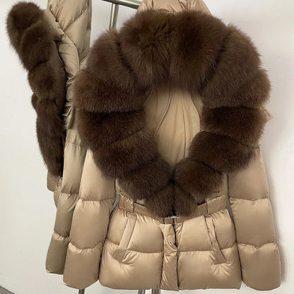 OFTBUY New Fashion Winter Clothes Women Duck Down Coat with Big Natural Fur Collar Belt Hooded Real Fox Fur Puffer Jacket Female