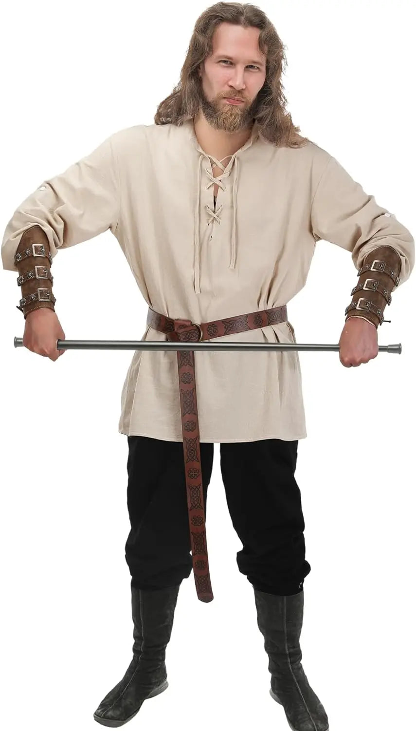 4 Pcs Halloween Men's Renaissance Costume Set Medieval Pirate Shirt Ankle Banded Pants Viking Belt Accessories