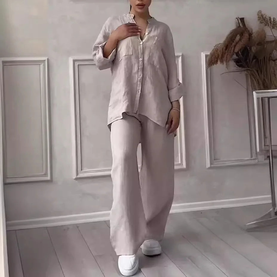 Autumn Cotton And Linen Pant Sets Women Fashion Long Sleeve Shirts Lace Up Pant Two Piece Set Casual Loose Wide Leg Pants Suit