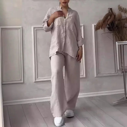 Autumn Cotton And Linen Pant Sets Women Fashion Long Sleeve Shirts Lace Up Pant Two Piece Set Casual Loose Wide Leg Pants Suit