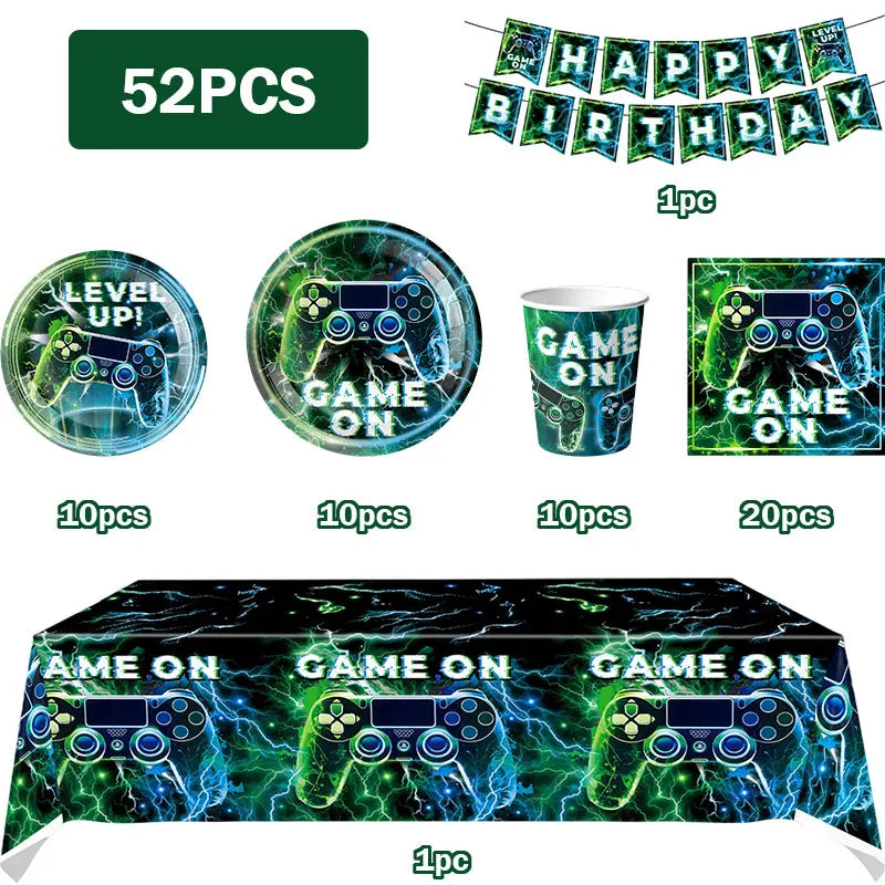 Happy Video Game Themed Birthday Party Decorations Set Tableware Plates Cups Cake Topper Gift Bags Banner Party Supplies Favors