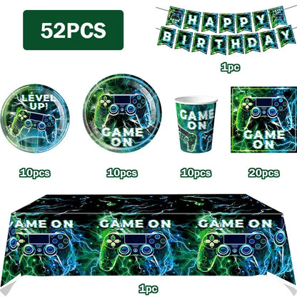 Happy Video Game Themed Birthday Party Decorations Set Tableware Plates Cups Cake Topper Gift Bags Banner Party Supplies Favors
