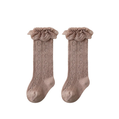 Summer Baby Girls Socks Toddler Bow Long Sock Kids Knee High Soft Cotton Mesh Stocking Spanish Style Hollow Out Lace Socks 0-3Y