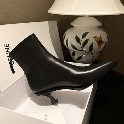 2025 Fashion Women Shoes Ankle Boots Sexy Autumn Winter Pointed Toe High Heels Genuine Leather Casual Black Shoes Size 34-40