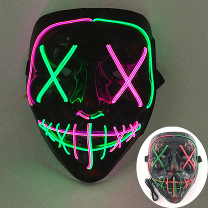 Wireless LED Neon Purge Mask & Fiber Optic Gloves, Scary Glow In Dark Mask for Halloween Carnival Cosplay Bar Birthday Party
