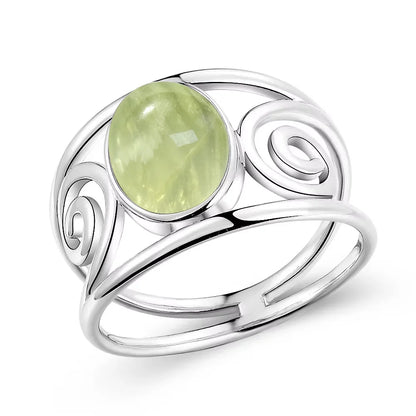 925 Sterling Silver Ring With Natural Prehnite Stone 8*10mm Oval Shape With Crystal Flower Design Gifts Fine Jewelry For Women