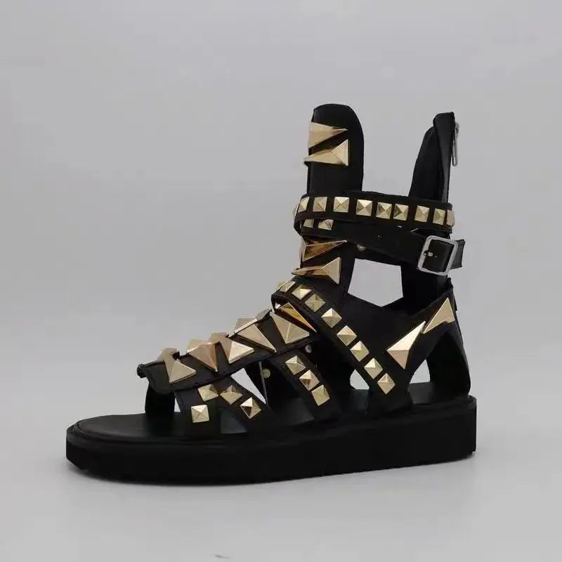 Men Casual Sandals Genuine Leather Platform Gold Rivet High Top Rome Luxury Height Increasing High Street Summer Black Shoes