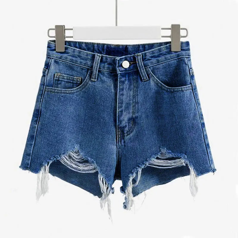 Trendy Women's Ripped Loose Fit High Waist Cotton Stretch Denim Shorts Frayed Hem A-Line Style Korean Version Summer Hot Pants