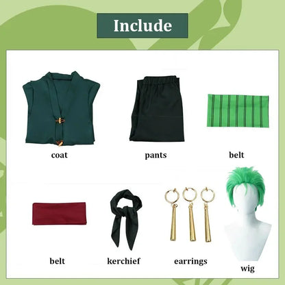 Zoro Cosplay OP Costume Wig Kerchief Eearrings Anime Clothes Kimono Adult Children Christmas Halloween Party Role Playing Outfit