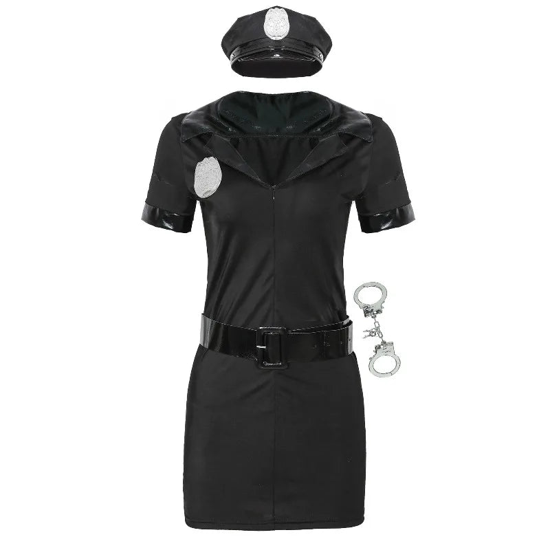 Halloween Carnival Sexy Policewoman Officer Black Uniform Suit Costume Adult Roleplay Stage Wear Party Outfit Terror Suit Set