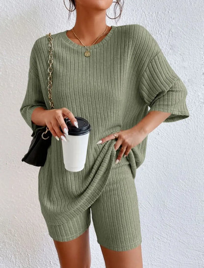 Spring Summer Short Sleeve T Shirt Short Pants Two Piece Set Women Casual Loose O Neck Top High Waist Tracksuit Female Outfits