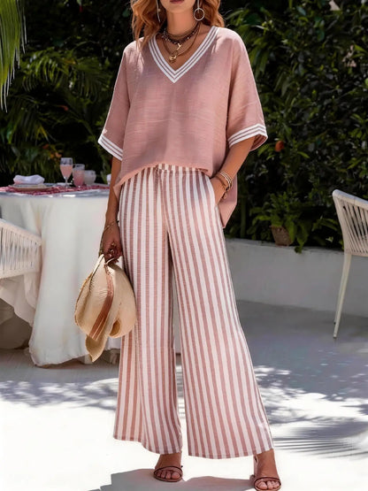 Two Pieces Women Pant Sets Striped Matching Set Short Sleeves V Neck Top Elastic Waist Wide Leg Pants Loose Casual 2026 Summer