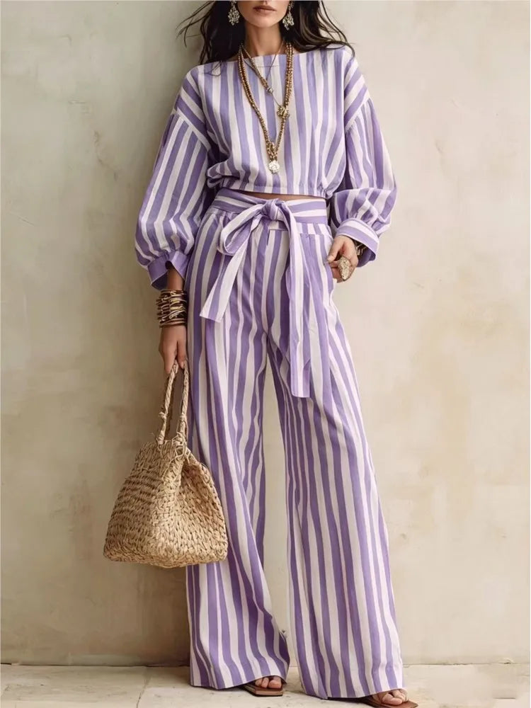 Women New Striped Long-sleeved Shirts Trousers 2piece Set Fashion Casual Ultra-short Top Waisted Lace-up Loose Wide-leg Long Set