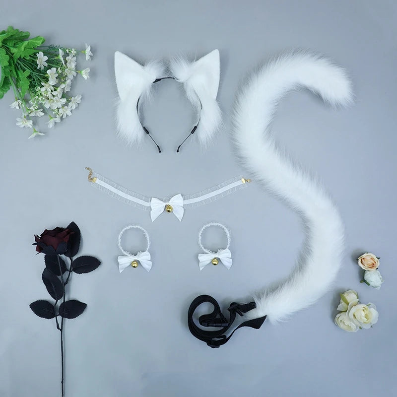 5PCS Sexy Simulation Animal Ear Lovely Tail Set Lace Hand Bell Neck Bell In Stock Plush Cosplay Props Headwear Hair Accessories