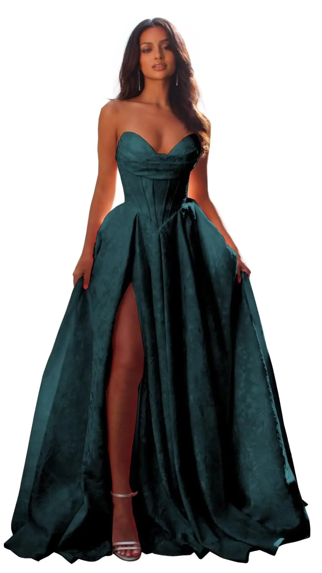 Jacquard Satin Prom Dresses with Slit Strapless Corset A Line Long Formal Gowns Party Evening Gown Formal Dress Women Elegant