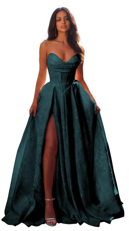 Jacquard Satin Prom Dresses with Slit Strapless Corset A Line Long Formal Gowns Party Evening Gown Formal Dress Women Elegant
