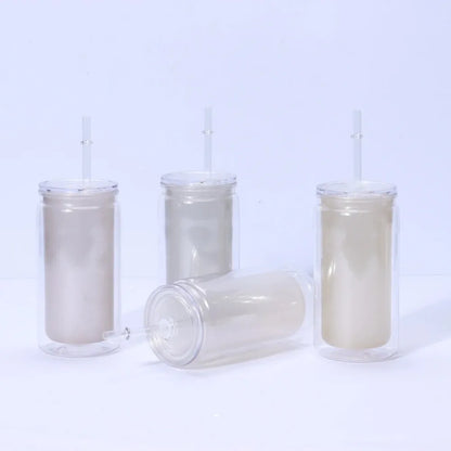 16oz Capacity Glow in The Dark Straw Cup Fluorescent Double Wall Luminous Coffee Cup Break-Resistant Splash Proof
