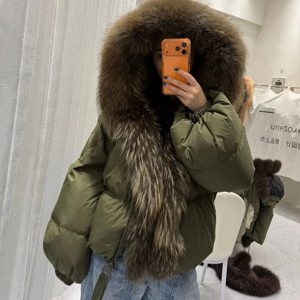 OFTBUY Hooded Loose Puffer Jacket Female New Fashion Luxury Winter Clothes Women Duck Down Coat with Big Natural Fur Collar