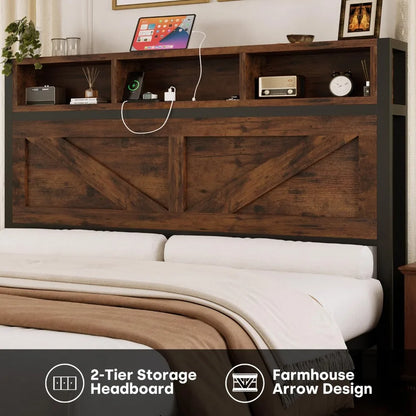 Farmhouse Queen Bed Frame & Bookcase Headboard,Charging Station & LED Light,2 Storage Drawers,Platform,Bedroom,Queen, Custom