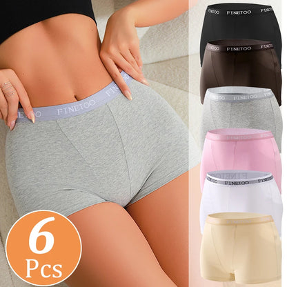 FINETOO 6Pcs Women Cotton Panties Mid Rise Stretch Logo Waistband Boxer Briefs Soft Breathable Solid Color Seamless No Ride Up Underwear for Daily Yoga Workout Leggings Anti Chafe Hip Coverage Short Underpants