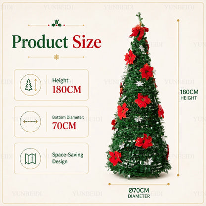 Foldable Integrated Artificial Christmas Tree with Ornaments LED Lights Exquisite 180CM Christmas Tree Home Christmas Decoration