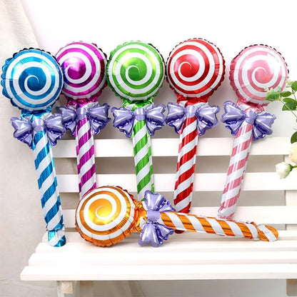 12Pcs Lollipop Foil Balloons with Bow, Swirl Candy Lollipop Handheld Balloon Stick for Candyland Birthday Baby Shower Party Deco