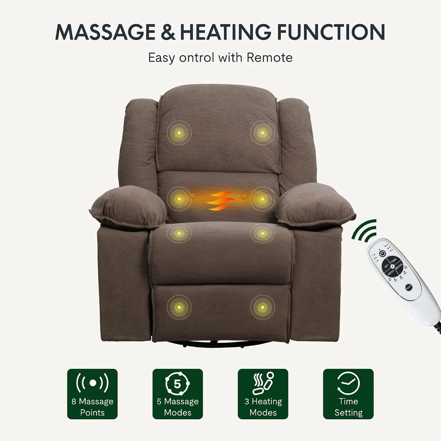 Massage Heat Rocker Recliner Chair, 360° Swivel Glider, Manual w/USB & Side Pocket, Compact Living Room Apartment, Brown, Custom