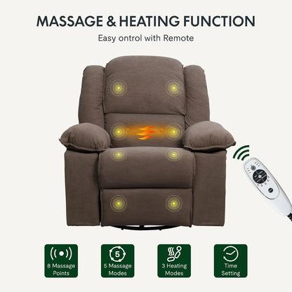 Massage Heat Rocker Recliner Chair, 360° Swivel Glider, Manual w/USB & Side Pocket, Compact Living Room Apartment, Brown, Custom