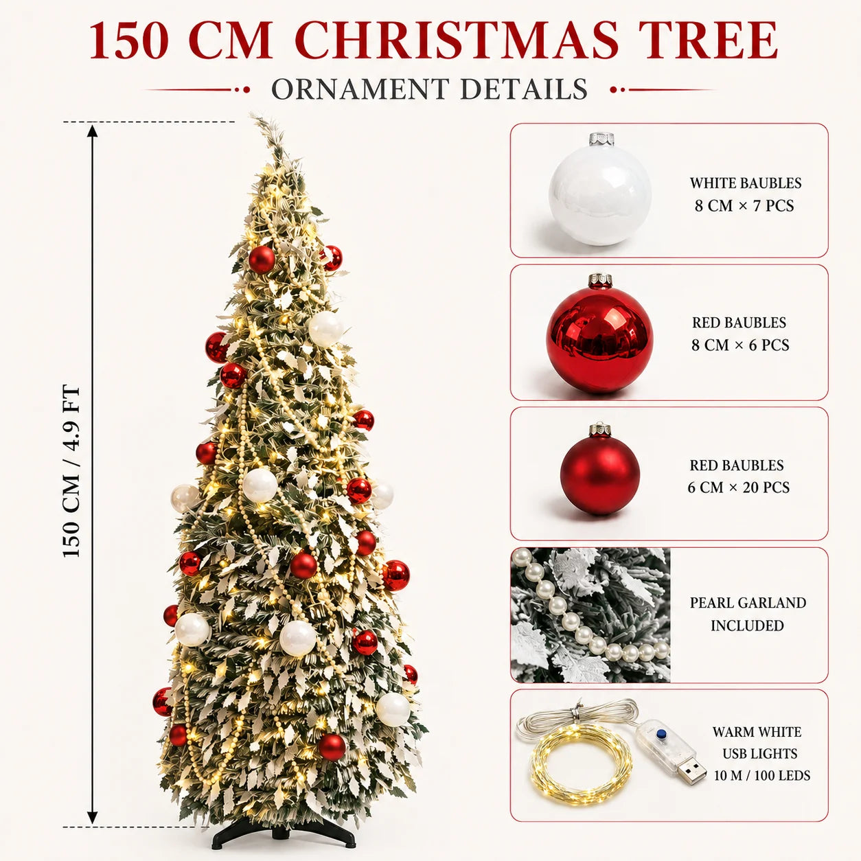 Flocked PVC Christmas Tree 1.5/1.8/2.1M Pre‑Attached Baubles, Foldable Xmas Tree with USB String Lights for Home Holiday Decor