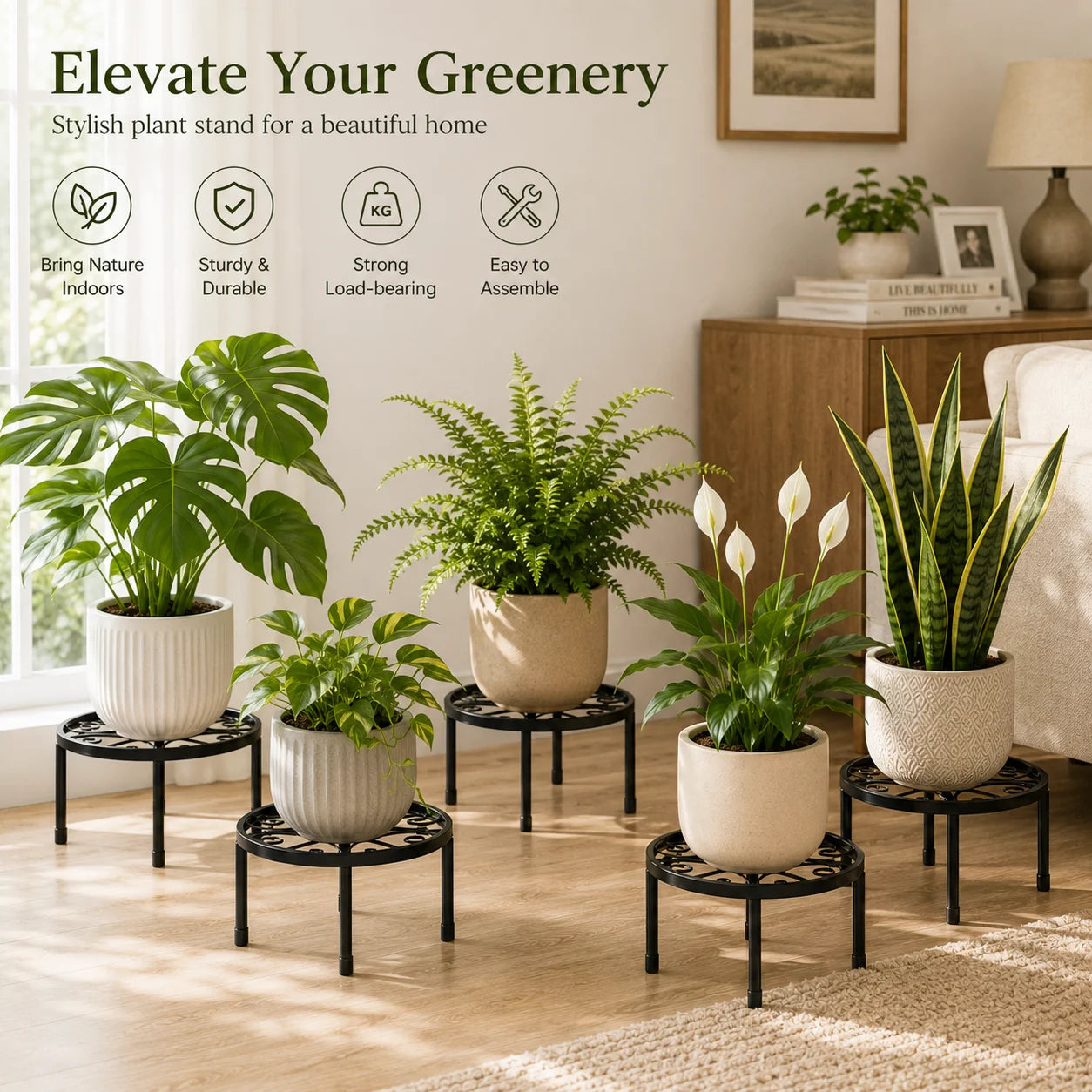 Round Metal Plant Stand, Heavy Duty Black Iron Plant Pot Stand with Raised Edge, Indoor & Outdoor Flower Pot Holder for Living Room, Balcony, Patio & Garden