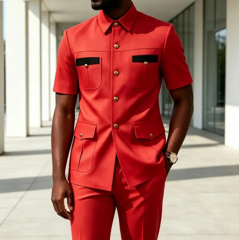 Luxury Men Suit Short Sleeves Safari Suit 2 Pieces Black Contrast Pockets Gold Button Business Wedding Party Casual Blazer Pants