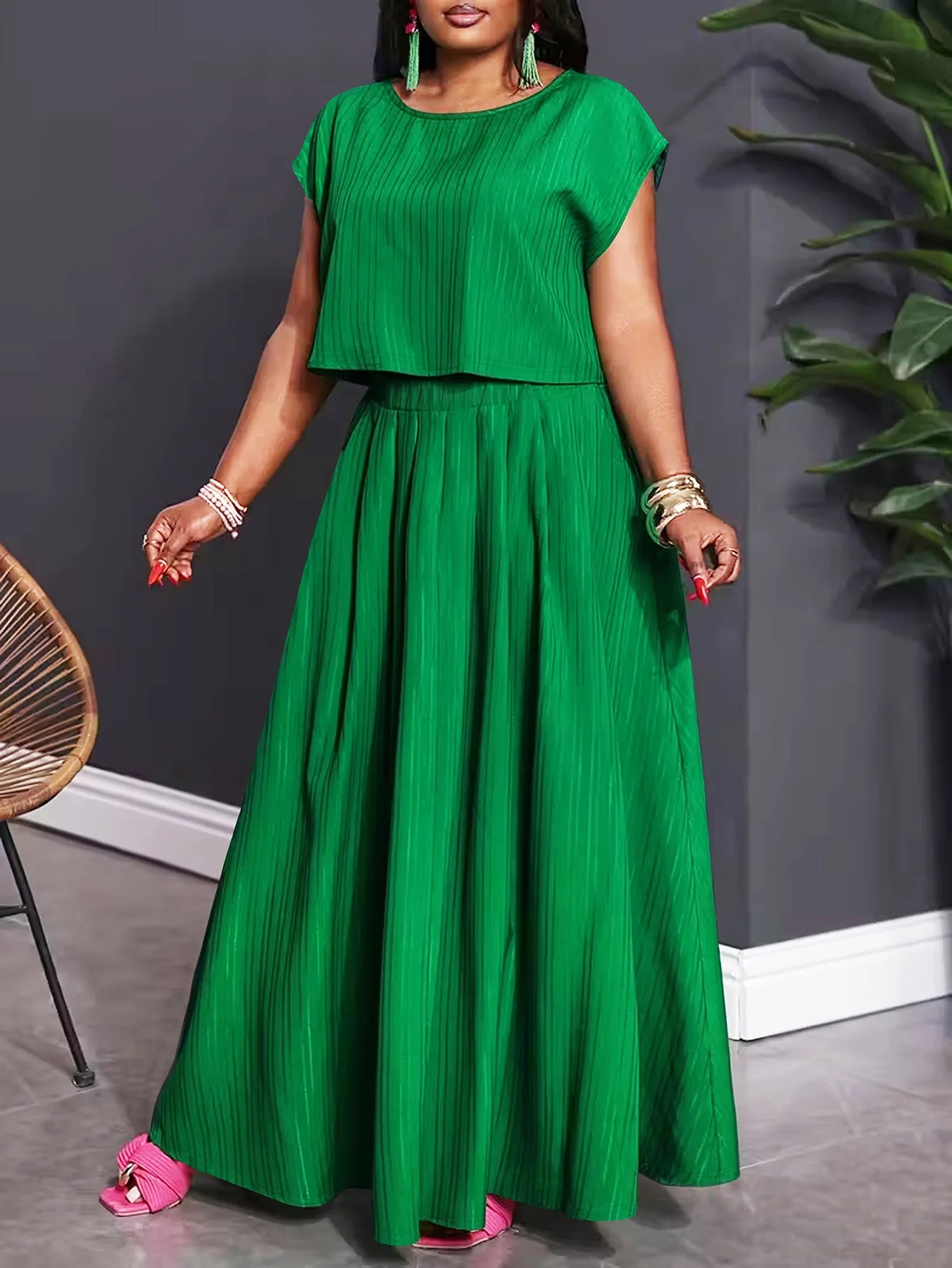 L-4XL Plus Size Women's Clothing 2 Piece Sets New Arrival Matching Two Pieces Sets Green Top And Skirt Suits Outfits Clothing