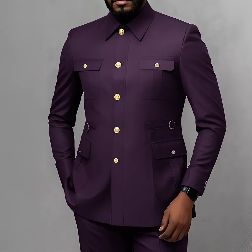 Men's 2-Piece Formal Suit, Utility Style, Golden Buttons, Suit + Trousers Combination, Fashionable Business Use