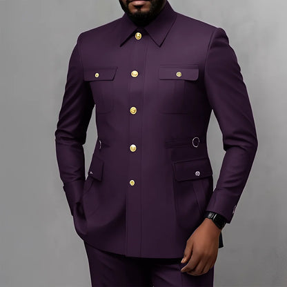 Men's 2-Piece Formal Suit, Utility Style, Golden Buttons, Suit + Trousers Combination, Fashionable Business Use