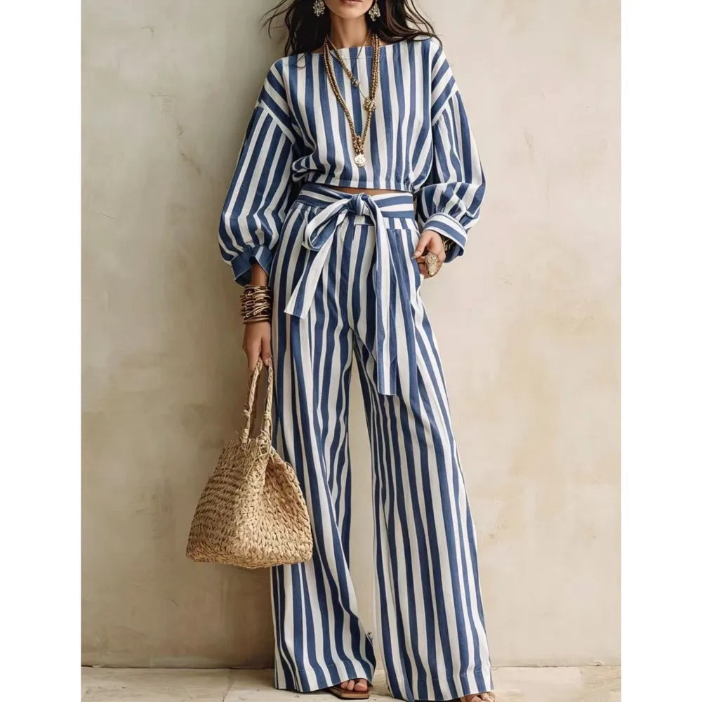 Women New Striped Long-sleeved Shirts Trousers 2piece Set Fashion Casual Ultra-short Top Waisted Lace-up Loose Wide-leg Long Set