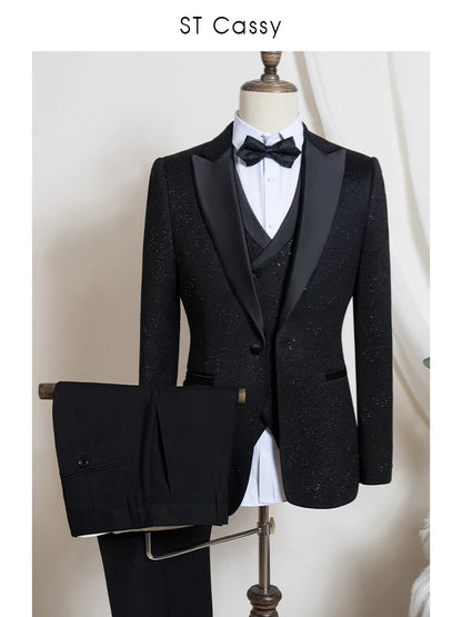 Turkish Luxury Wedding Suits for Groom 3 Pieces Man Suits Slim Fit High Quality Shining Flash Diamond Tuxedo Dinner Suit