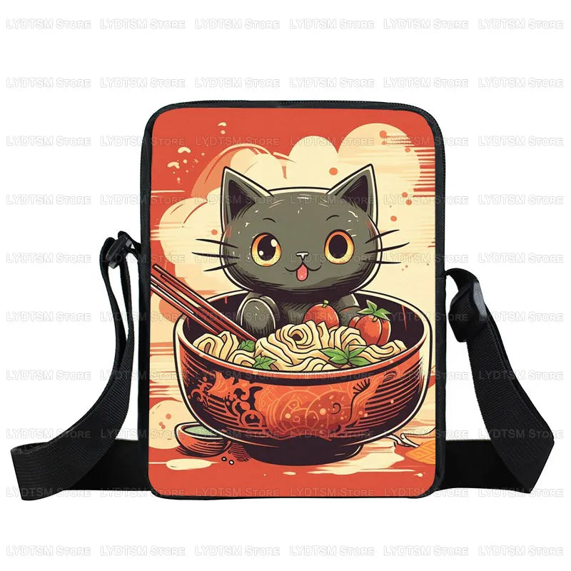 Japanese Black Cat Eating Ramen Print Crossbody Bag Women Shoulder Bag for Travel Phone Wallet Holder Teenager Messenger Bags